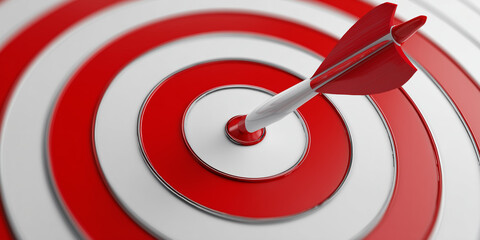Arrow perfectly hitting the center of a target, symbolizing precision, accuracy, strategy, performance and successful goal achievement in business, leadership and personal development