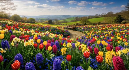 A vibrant field of colorful tulips and hyacinths in a picturesque landscape