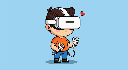 Adorable cartoon boy wearing a virtual reality headset and holding controllers.
