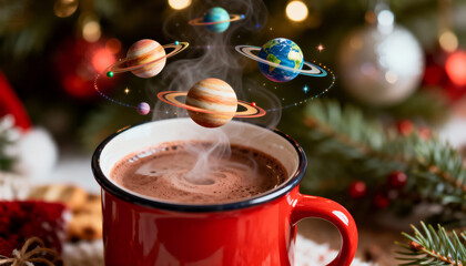 Steaming cup of cocoa with floating mini Christmas planets orbiting above it. Cozy surrealism.