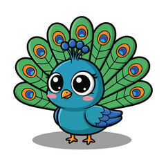 Adorable cartoon peacock with vibrant fanned tail feathers.