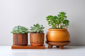 Three potted succulents displayed on wooden stands against a neutral gray background