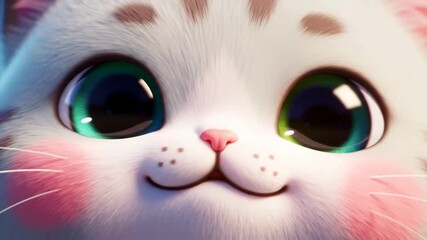Smiling cartoon cat face, pink cheeks, green eyes. Digital artwork, use for greetings and media