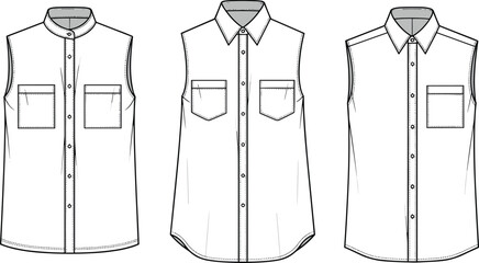 sleeveless shirt, fashion sketch, technical drawing, flat sketch, button-up, collar, pocket, front view, apparel design, garment illustration, mandarin collar, pointed collar, curved hem, 