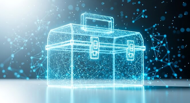 Glowing digital toolbox representing data and network solutions