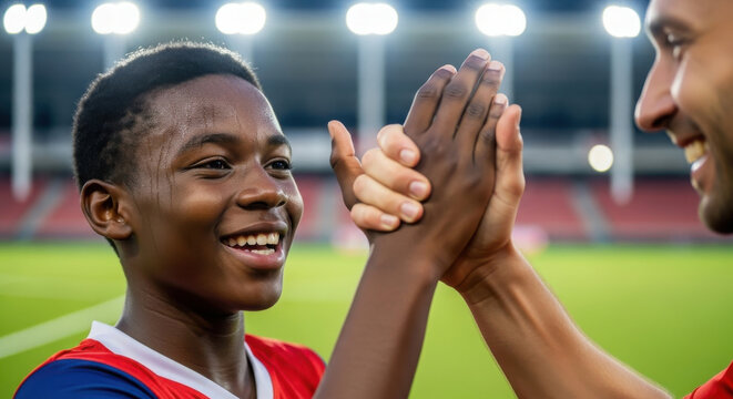 Happy teenage boy getting a high-five from his coach at a stadium.