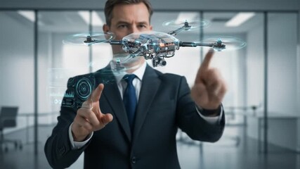 Man in suit uses holographic interface to control drone in modern office - Powered by Adobe