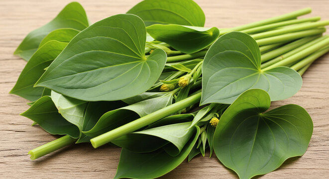 green genjer vegetables on a wooden table