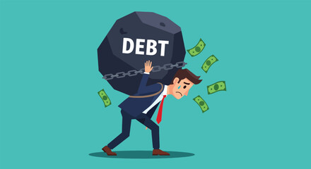 Businessman burdened by a large rock labeled DEBT with falling money.
