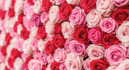 A stunning display of red and pink roses in full bloom, closeup view