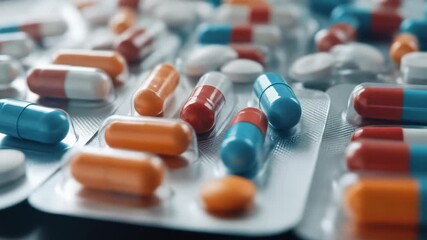 Colorful medication pills and capsules in blister packs close up healthcare concept - Powered by Adobe