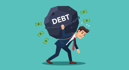 Businessman struggling under the immense weight of a large DEBT boulder.