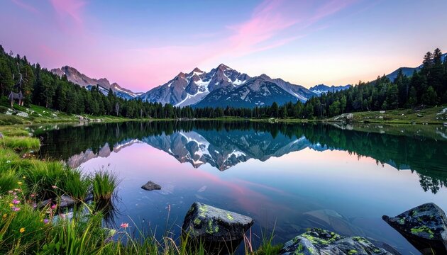 A tranquil mountain lake reflects snow-capped peaks and a dense pine forest under a soft pink and blue dawn sky.