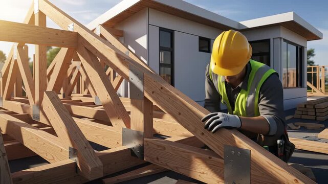 Professional Carpenter Assembling Timber Frame on Modern Home Construction Site with Sun Flare and Modern Design