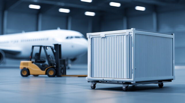 Refrigerated cargo container on wheels at airport hangar with forklift and airplane. Temperature controlled unit for transporting medical supplies and pharmaceuticals. Cold chain logistics equipment.