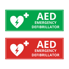 Green and red AED emergency defibrillator sign isolated on a white background