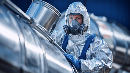 Fototapeta premium Industrial worker in protective hazmat suit inspecting metal barrel on truck for hazardous materials transportation, logistics safety control in chemical facility, secure cargo handling operations.
