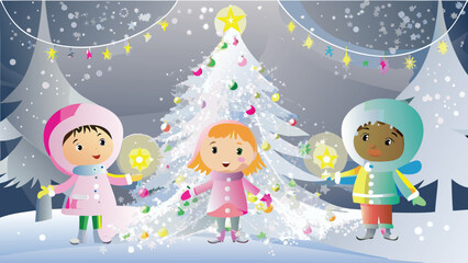 Joyful children enthusiastically decorating a magical floating snow tree with glowing ornaments and festive lights creating a whimsical winter wonderland scene