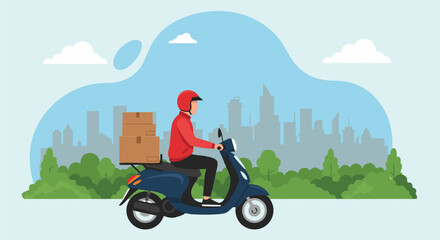 Delivery on Scooter with City Skyline Background, Modern Courier Service Vector Illustration © DOLARRIZ JHON