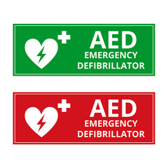 Green and red AED emergency defibrillator sign isolated on a white background