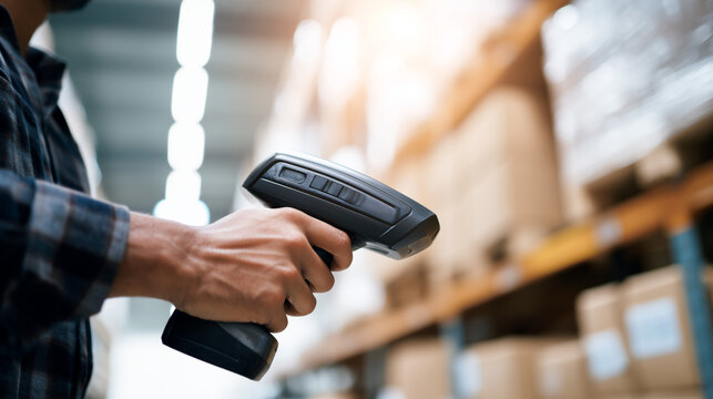 Warehouse worker holding barcode scanner for inventory tracking and stock control, logistics management technology in distribution center, supply chain operations and product identification system.