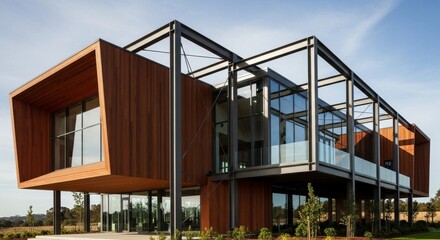 Modern architectural building with wooden facade and steel frame construction