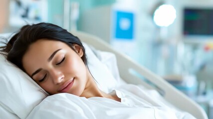 Young woman resting peacefully in medical facility bed with eyes closed for recovery and wellbeing