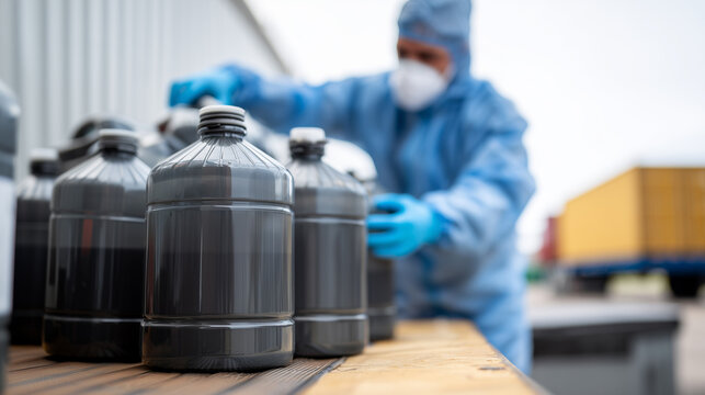 Warehouse worker in protective suit inspecting chemical bottles at industrial storage facility. Quality control of hazardous materials in containers at logistics distribution center with safety gear. - Powered by Adobe