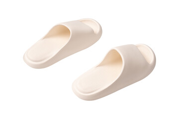 Minimalist white sandals isolated on a transparent PNG. Ideal for concepts related to summer fashion, travel, relaxation, minimalist style and e-commerce product.