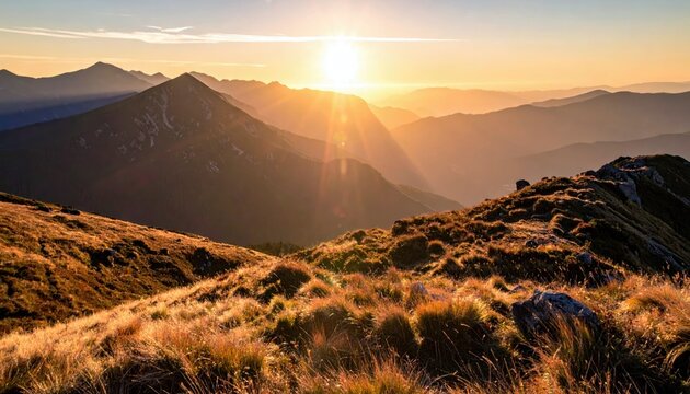 The sun rises over a majestic mountain range, casting a warm golden glow on the landscape and illuminating dry grass in the foreground.