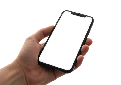 Hand holding a modern smartphone with a blank white screen isolated on a transparent background mobile phone 1