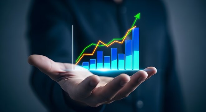 Hand holding a glowing 3d bar graph with an upward trending line showing financial growth and success
