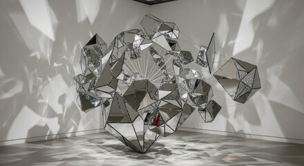 Art installation in modern gallery with geometric mirrored shapes with light patterns.