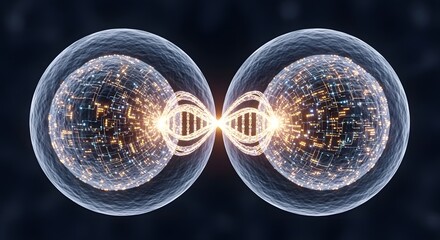 Two cells dividing with dna strand in between, representing cell division and genetics