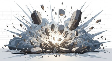 Illustration of an exploding structure with debris in a comic book style against a white backdrop.
