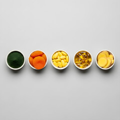 Five small white bowls filled with colorful ingredients arranged in a neat row on a gray surface