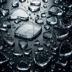 Broken glass fragments scattered on a reflective black surface, showcasing fragility, with a close-up shot of shattered pieces.