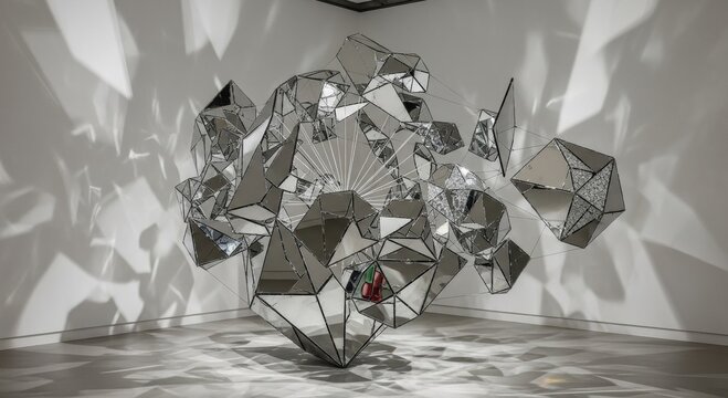 Art installation in modern gallery with geometric mirrored shapes with light patterns.