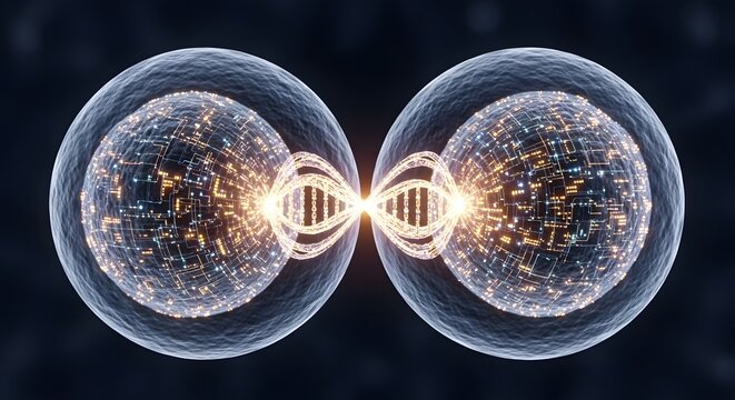 Two cells dividing with dna strand in between, representing cell division and genetics