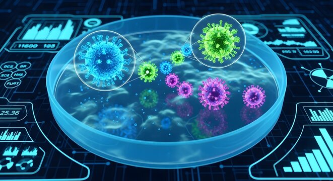Microscopic view of colorful viruses in a petri dish with futuristic data analysis overlay
