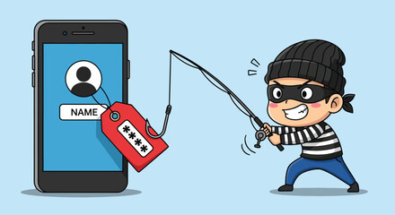 Cartoon thief with fishing rod attempts to steal data from smartphone.