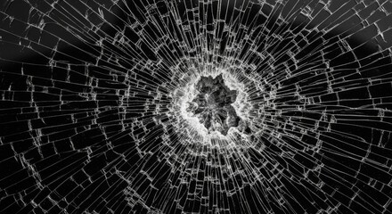 Broken glass with a hole in the center displays a web of cracks on black background.