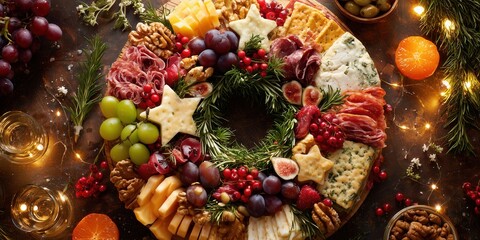 Charcuterie board in the shape of a Christmas wreath with fruits, cheese, and meats on rustic wooden table.