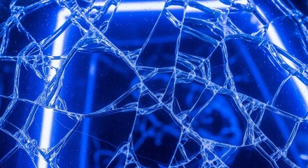 Shattered glass abstract with cool blue tones and lighting effect, close-up with background detail. Abstract with the blue color.