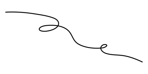 Fototapeta premium Wavy curly stroke one line art, hand drawn scribbly dividing element drawing continuous contour. Twiddle swirl separator curve strip with volutes and tendril design. Isolated. Editable stroke. Vector
