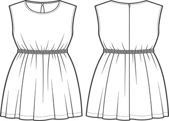 Sleeveless gathered waist dress vector illustration, front and back view, fashion flat sketch, apparel design template, clothing outline drawing for product presentation