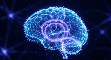 Abstract glowing digital brain network visualization with blue and purple lights on dark background