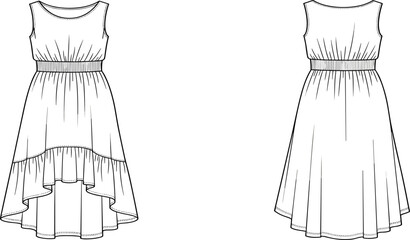 Elegant high-low dress fashion sketch, front and back technical flat illustration, sleeveless garment design, ruffle hem, apparel template, vector outline drawing
