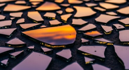 Broken glass shards reflecting light in a close-up image, suitable for abstract art.
