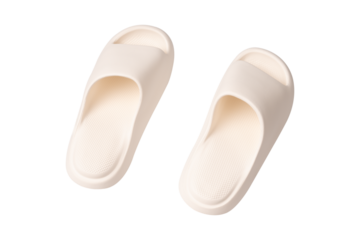 Minimalist white sandals isolated on a transparent PNG. Ideal for concepts related to summer fashion, travel, relaxation, minimalist style and e-commerce product.